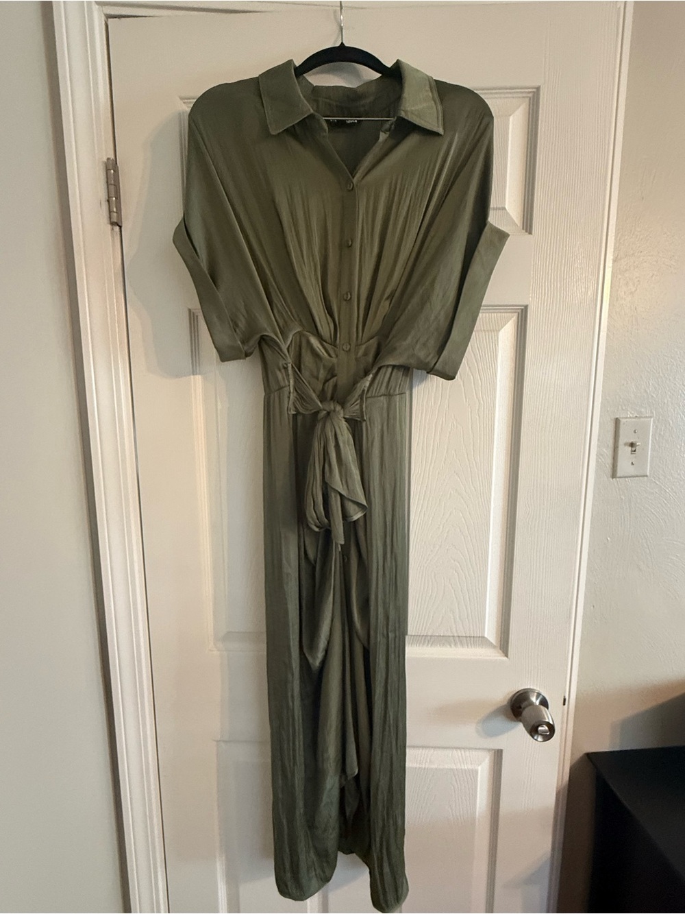 Steve Madden Olive Green Button-Front Tie-Waist Maxi Dress